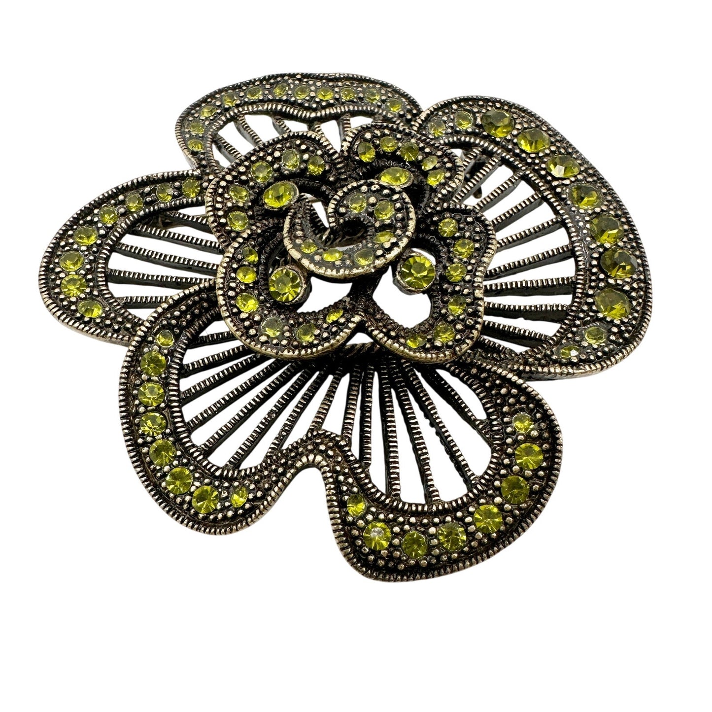 vintage antique gold black green rhinestones flower BROOCH floral jewelry pin