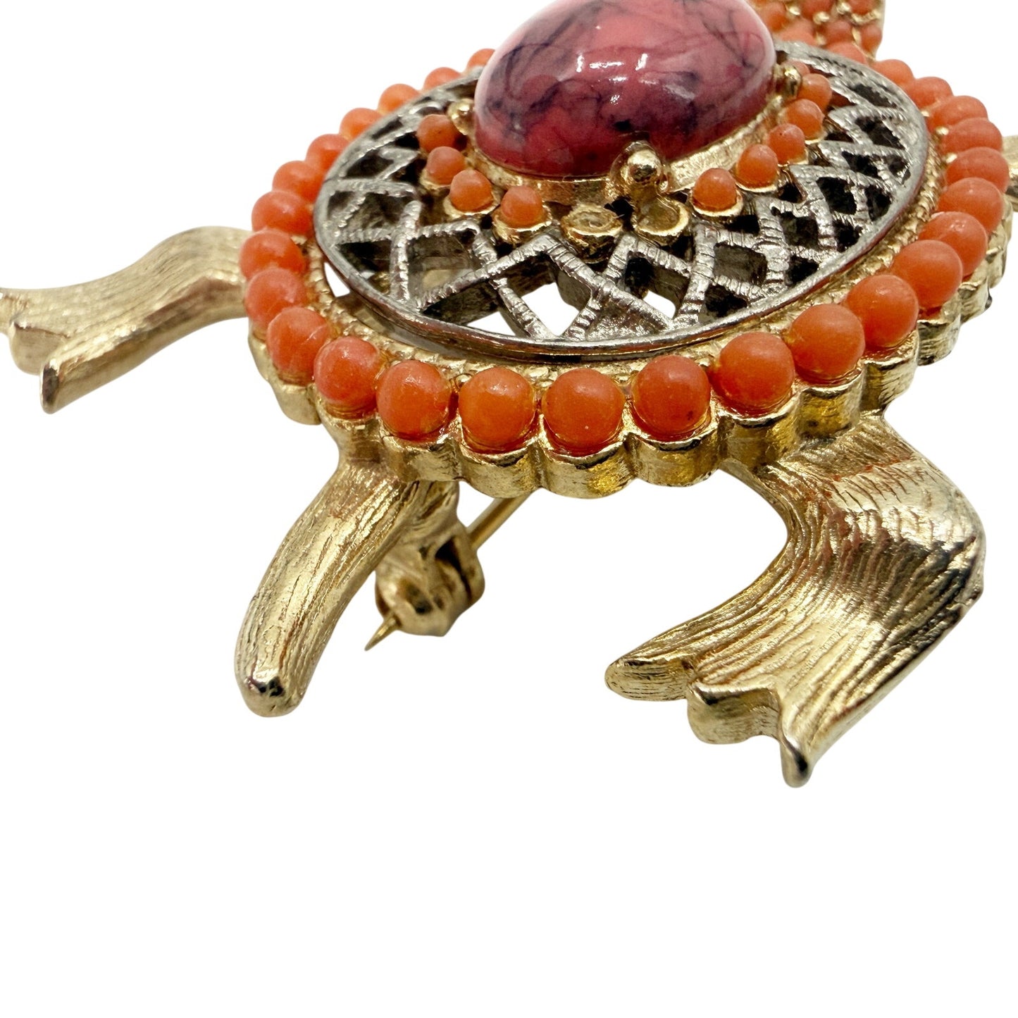 vintage orange gold pink Turtle BROOCH costume jewelry pin green rhinestone eyes