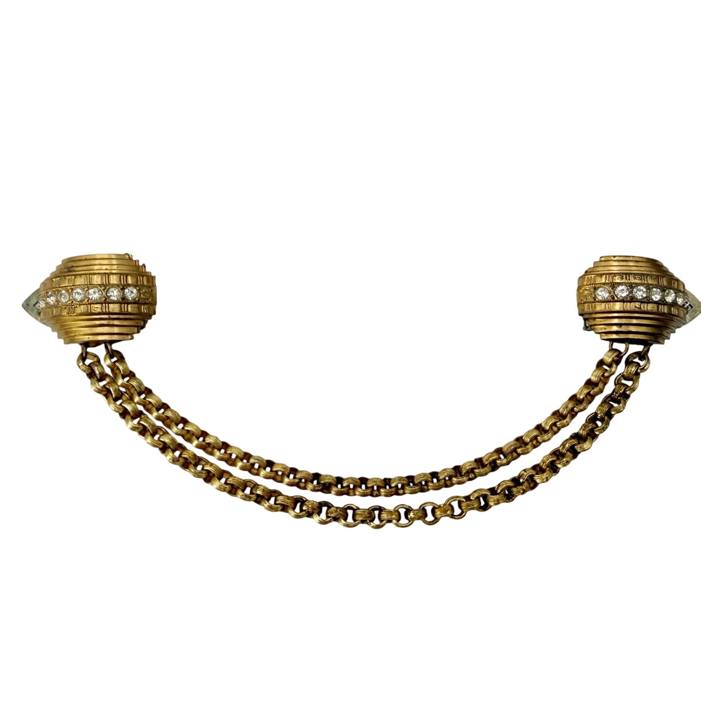 vintage gold clear rhinestones Double Dress Clip drape chain BROOCH jewelry pin