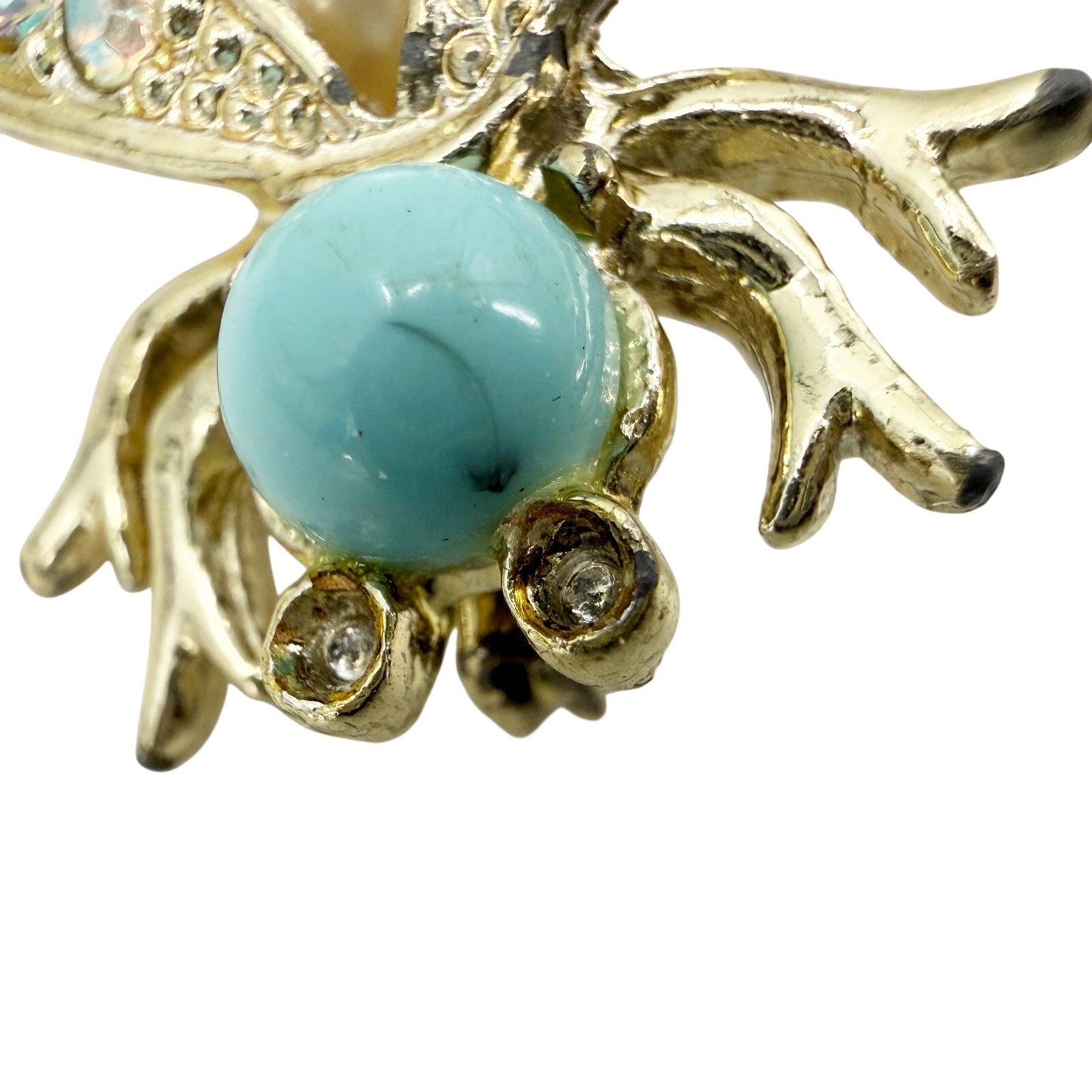 vintage aqua cabochon rhinestones gold Fly Bug BROOCH insect costume jewelry pin