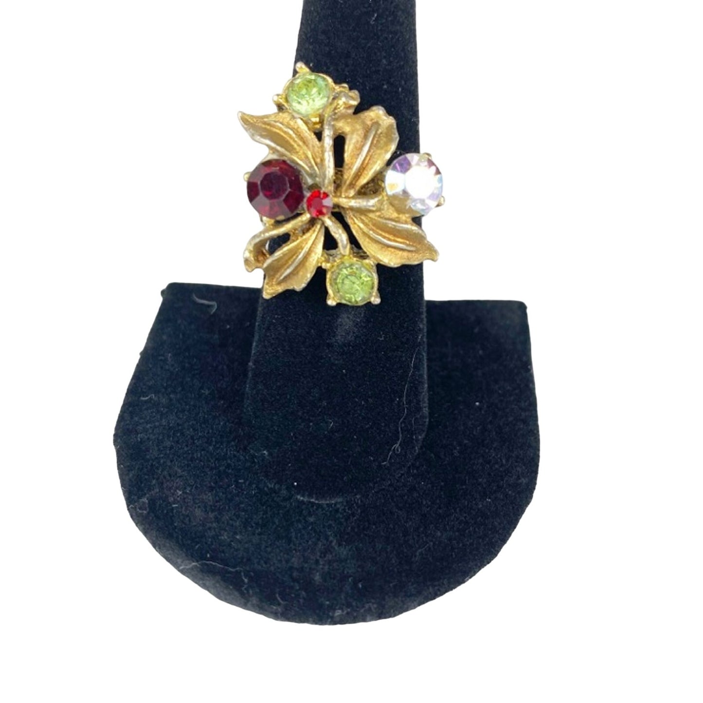 vintage floral gold tone metal RING red & green rhinestones adjustable band