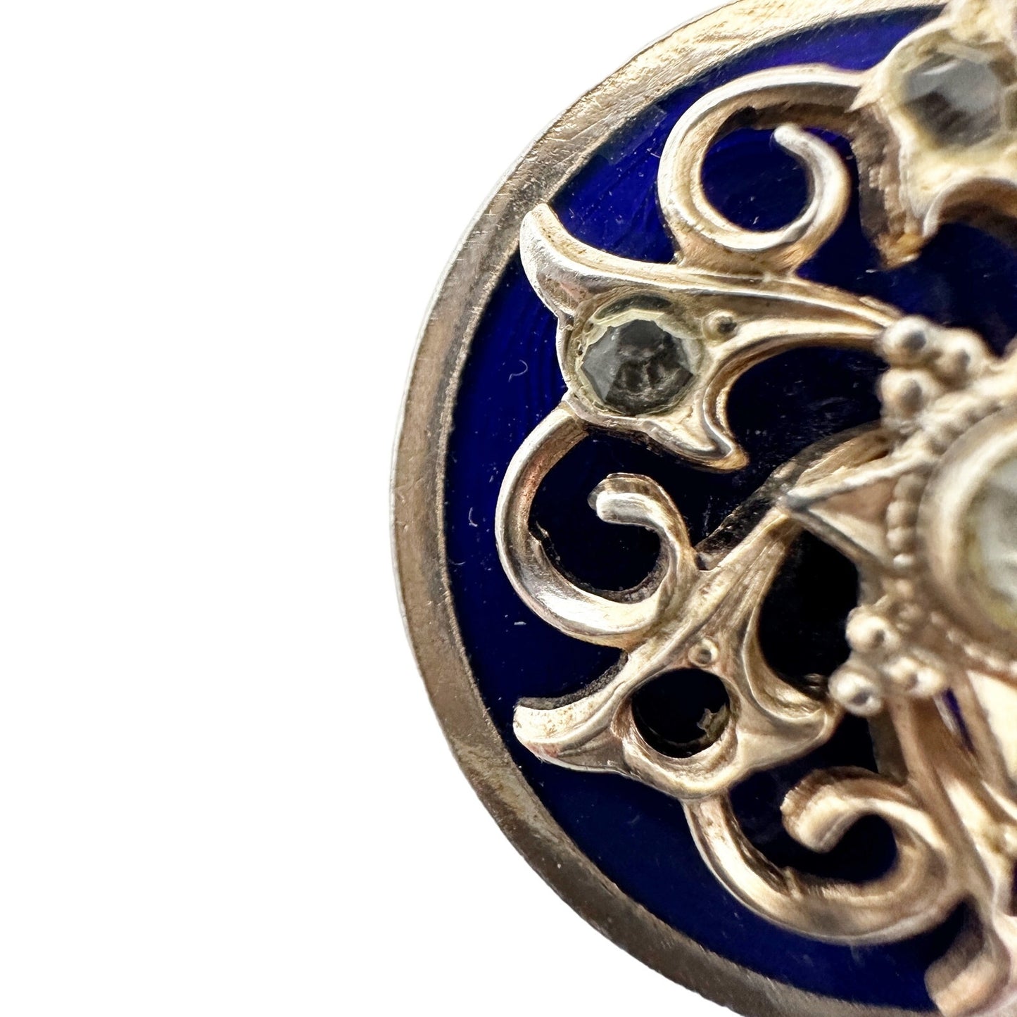 vintage blue & gold BROOCH round jewelry rhinestone pin