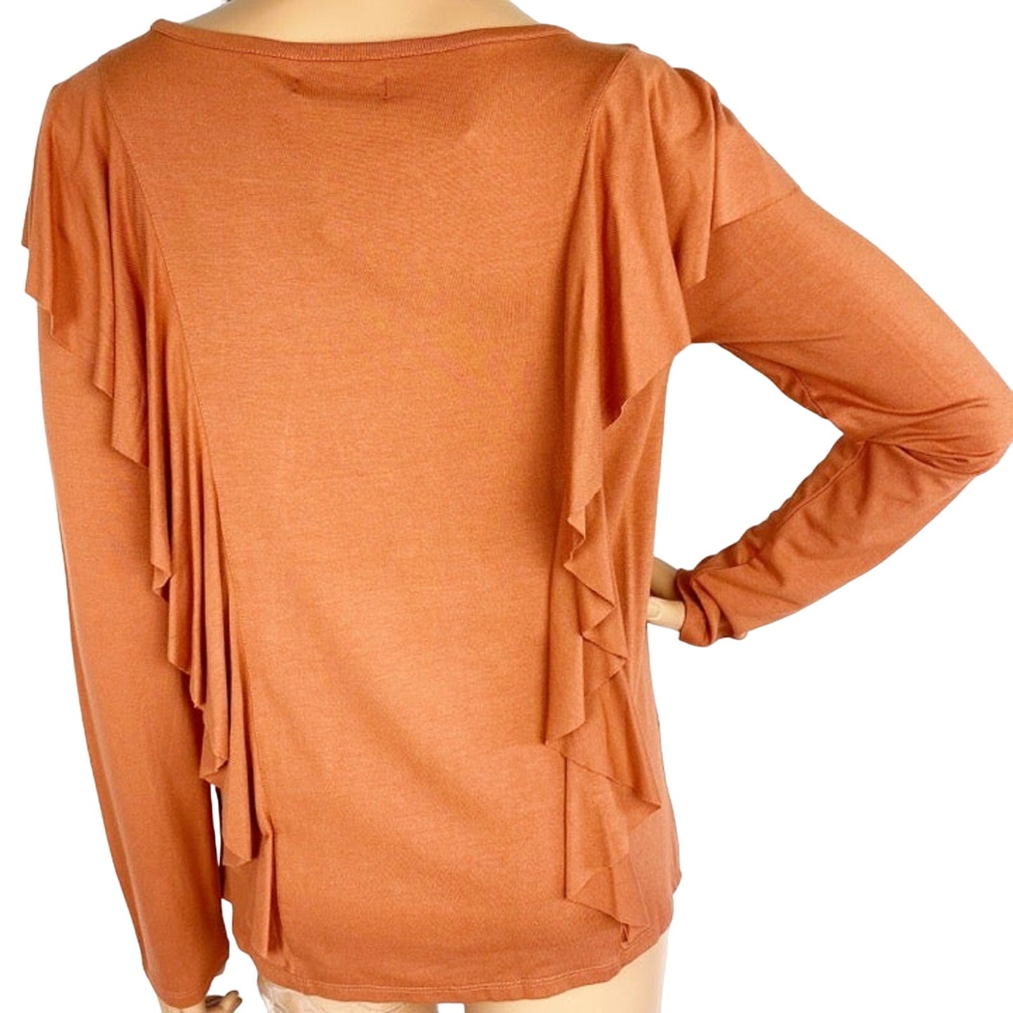 FRYE baked clay orange rust long sleeve Ruffle Knit Top women's S small new $88