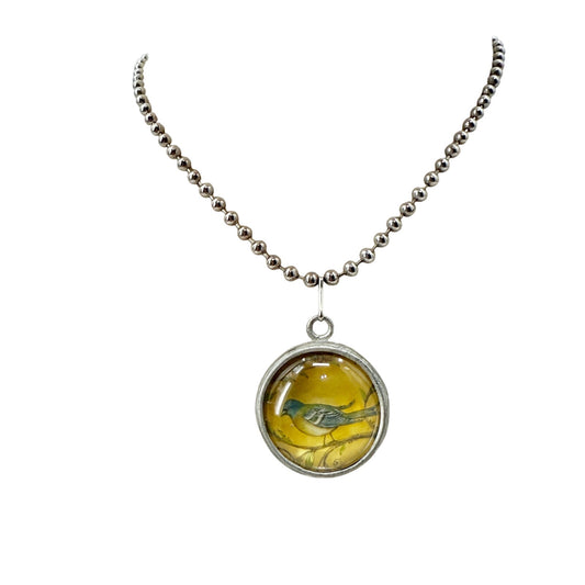 silver tone metal bead chain w/ round Bird Charm pendant Necklace yellow blue