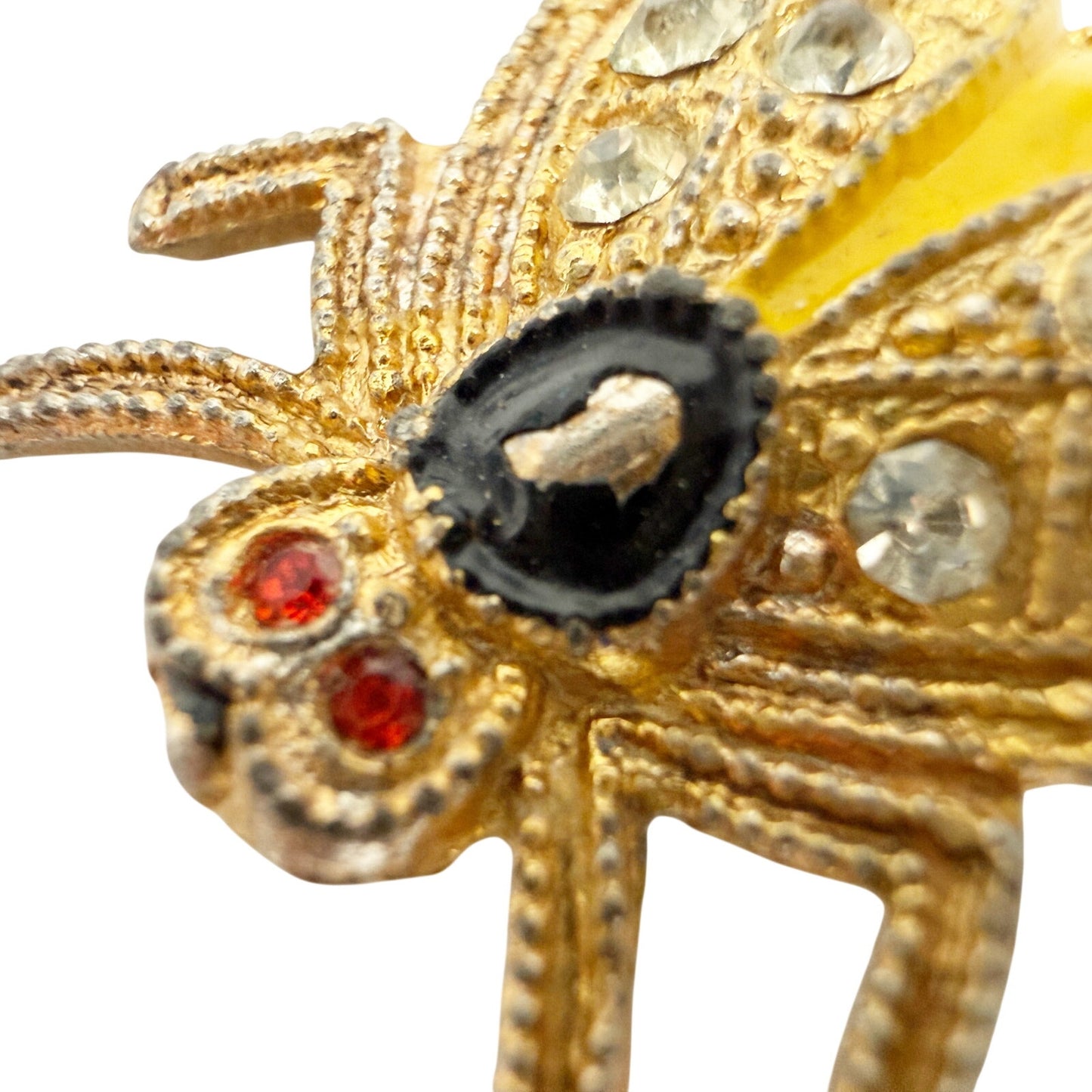 vintage gold yellow black enamel Flying Insect Brooch jewelry pin rhinestones