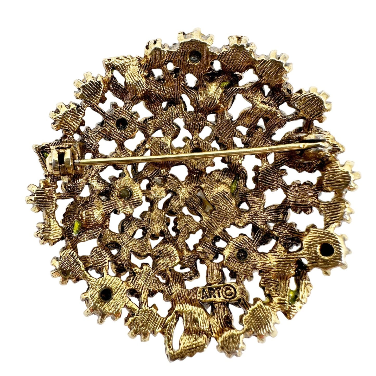 vintage Mode-Art pink yellow blue statement BROOCH rhinestones round jewelry pin