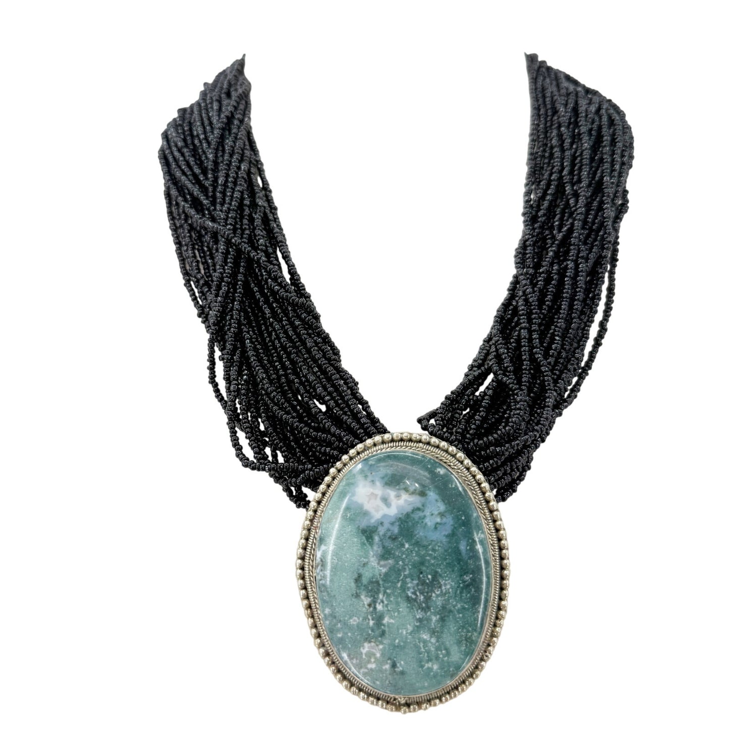 multi-strand black seed bead Necklace moss agate oval Pendant beaded strands