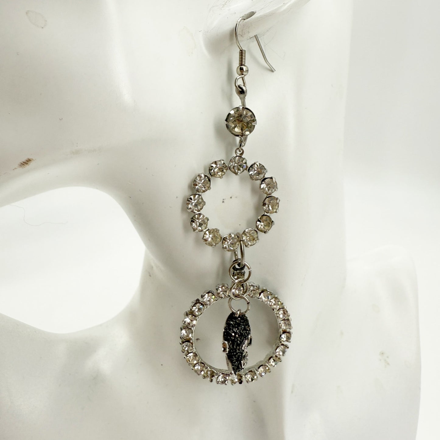 handmade clear Rhinestones & black Skull EARRINGS dangling 3.5" long jewelry