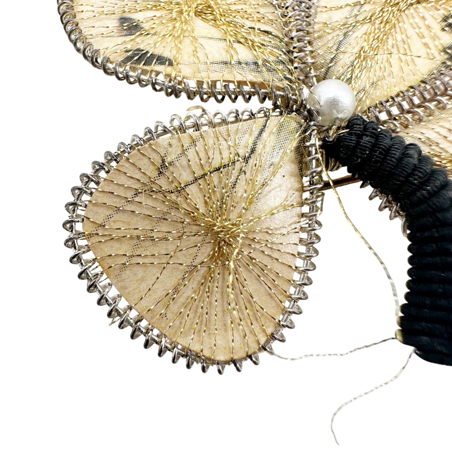 vintage black cream & metallic gold threads Butterfly BROOCH jewelry pin