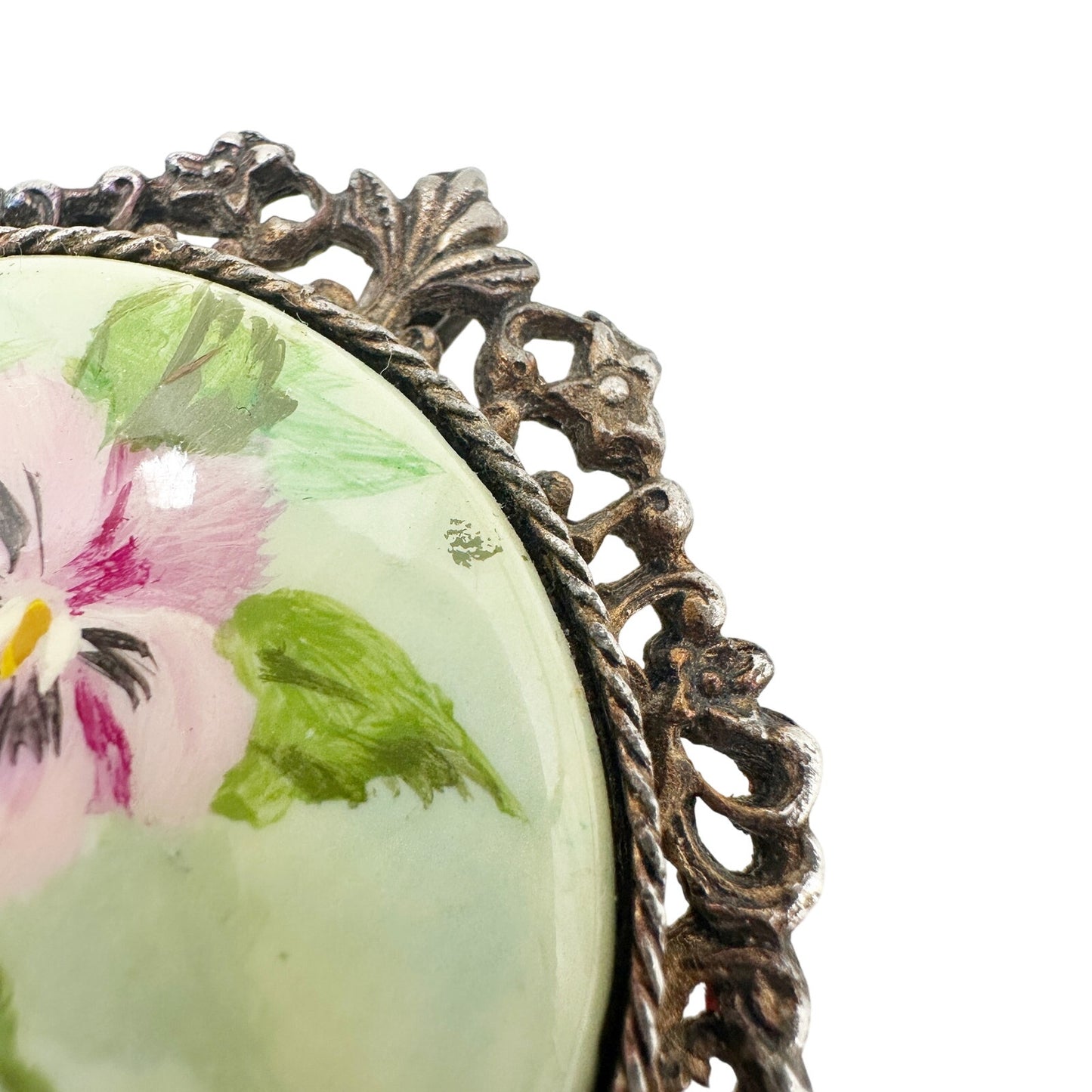 vintage pink blue pansy flowers metal cameo BROOCH pendant floral jewelry pin