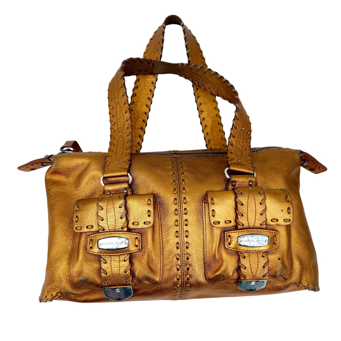 Michael Kors metallic orange leather whipstitch HANDBAG bag top handle purse