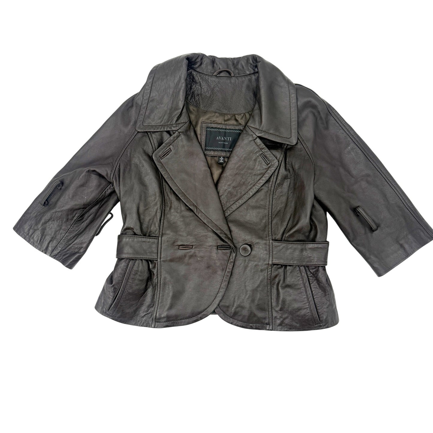 Avanti New York brown leather short Jacket women's MEDIUM fitted 3/4 sleeves