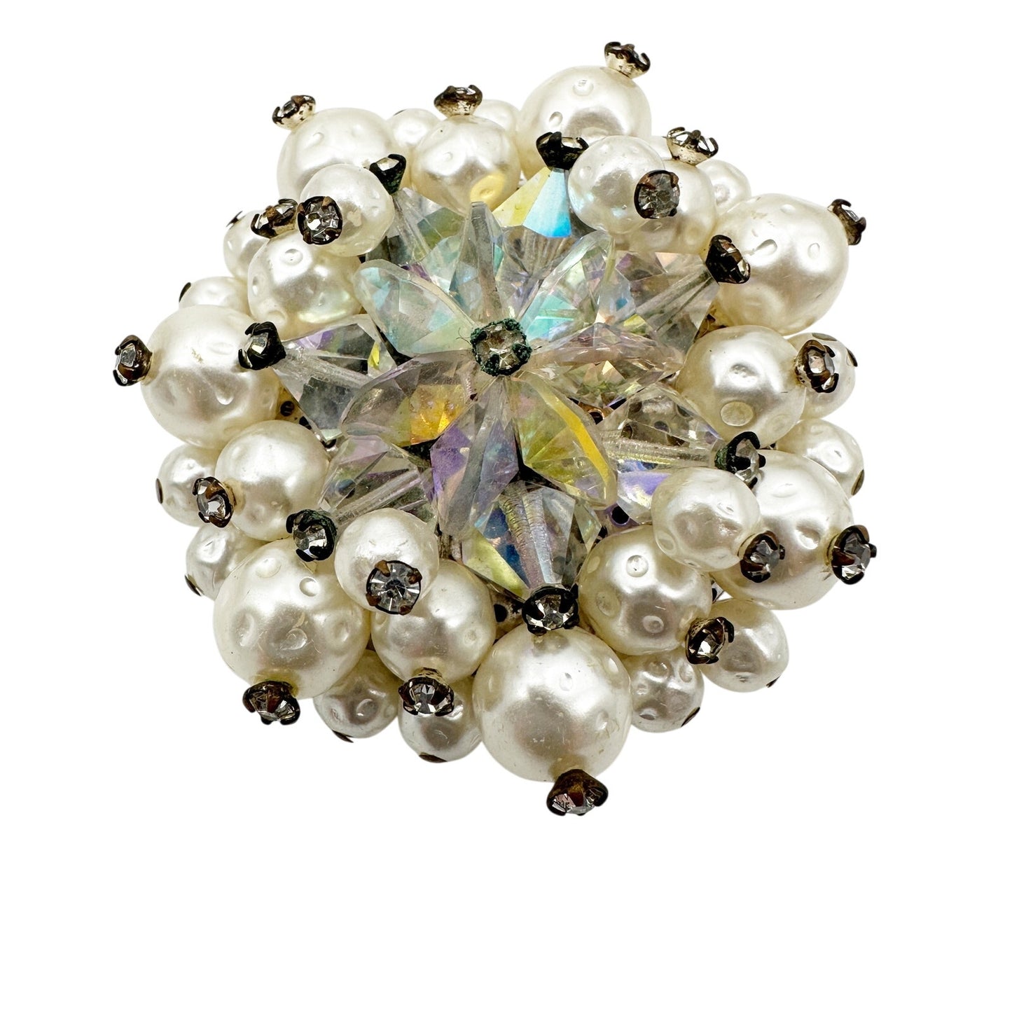 vintage pearls clear rhinestones iridescent BROOCH round jewelry pin