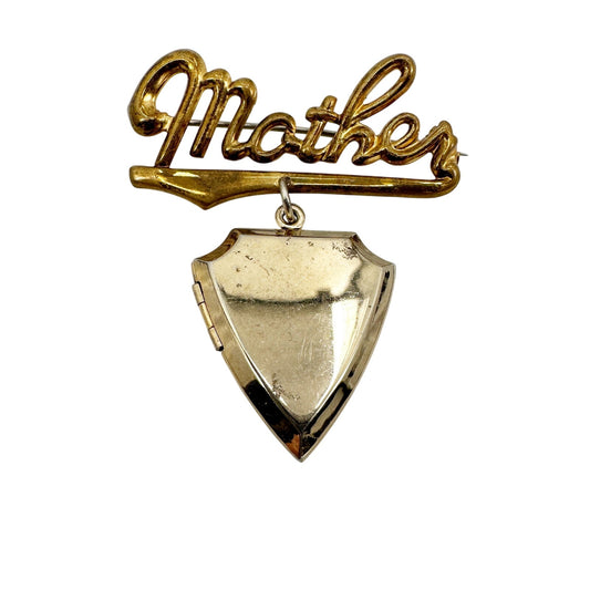 vintage gold tone metal MOTHER picture photo locket BROOCH mom jewelry pin