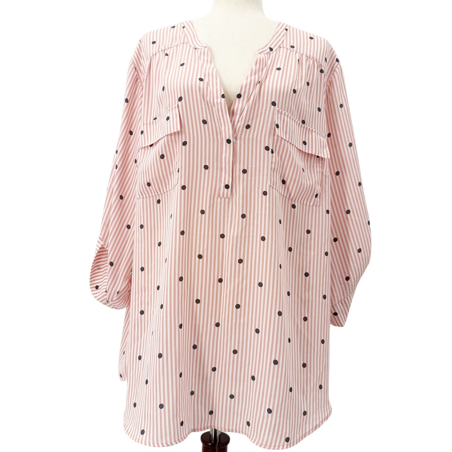 pink gray white stripes & polka dots Top work blouse women's 26 Torrid size 4