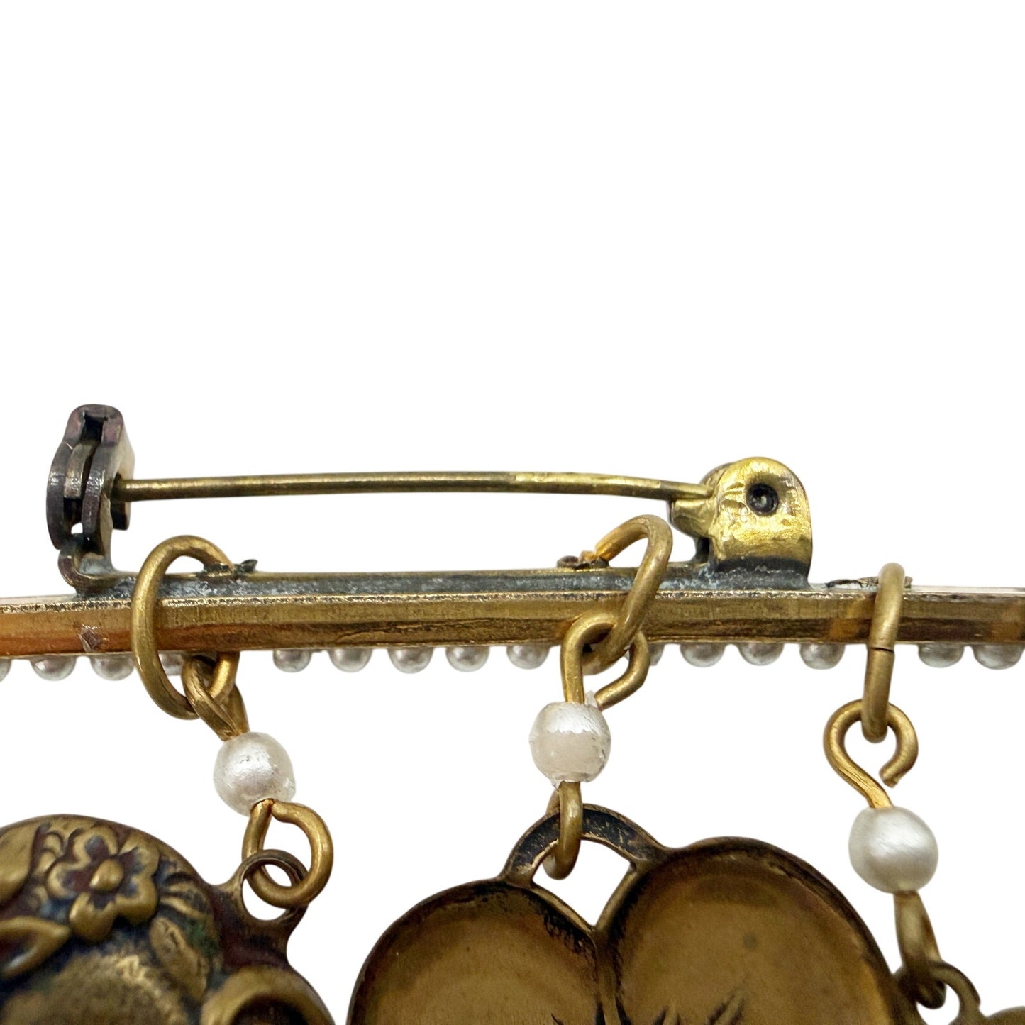 vintage antique gold & faux pearls Bar BROOCH hearts cupid jewelry pin