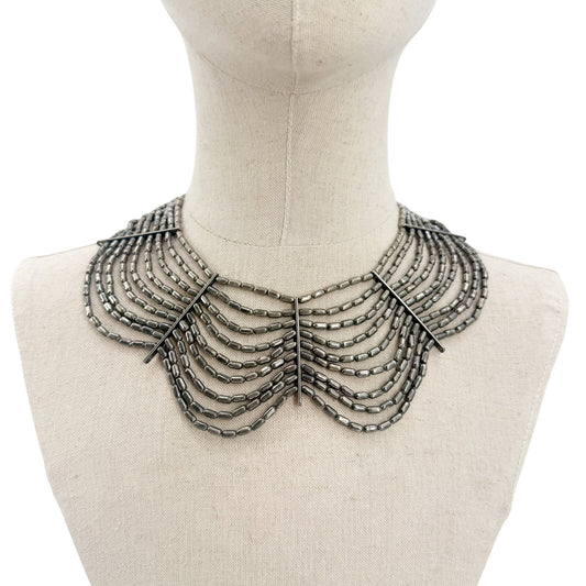 vintage scalloped silver metal Bib Necklace costume jewelry capsule beads