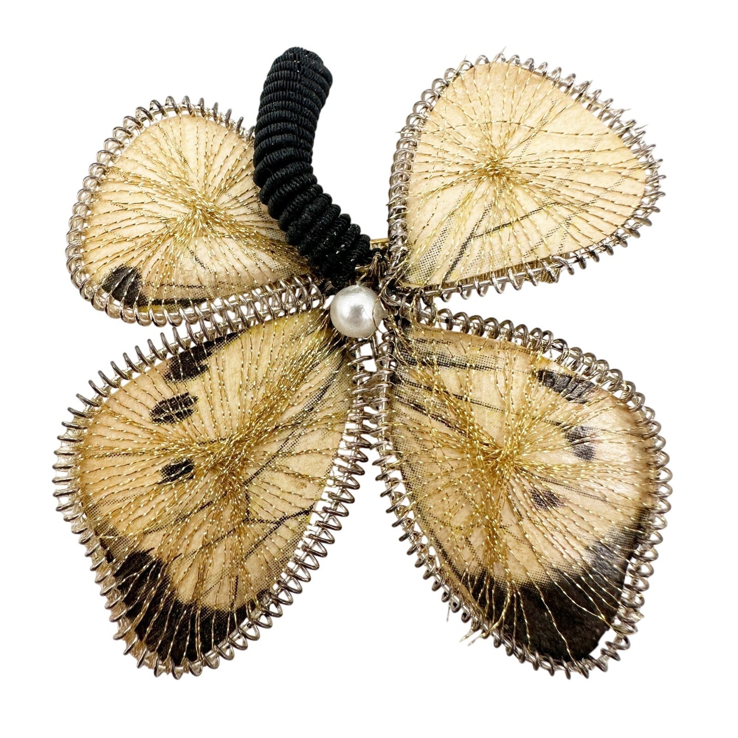 vintage black cream & metallic gold threads Butterfly BROOCH jewelry pin