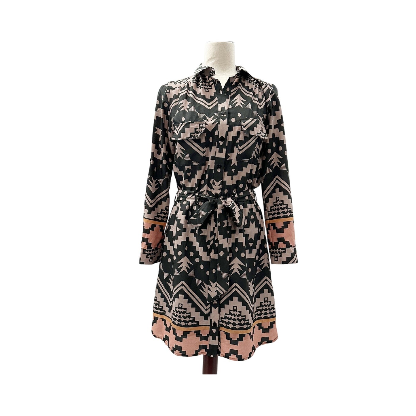 Collective Concepts black gray pink Shirt Dress geometric women's SMALL tie belt