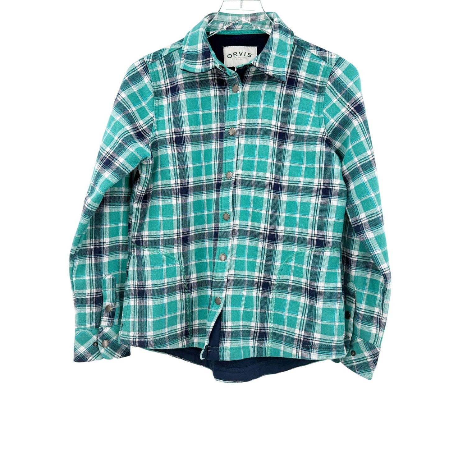 Orvis turquoise & blue plaid Flannel Lined Shirt Jacket women's SMALL snap front