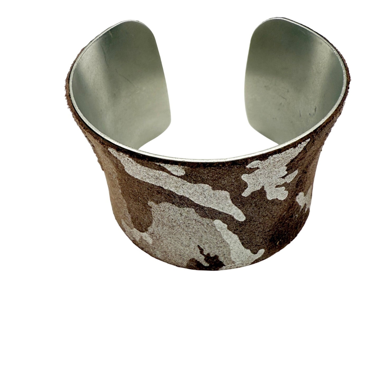 AV Max brown & silver leather wrapped Concave Cuff Bracelet camo jewelry NY