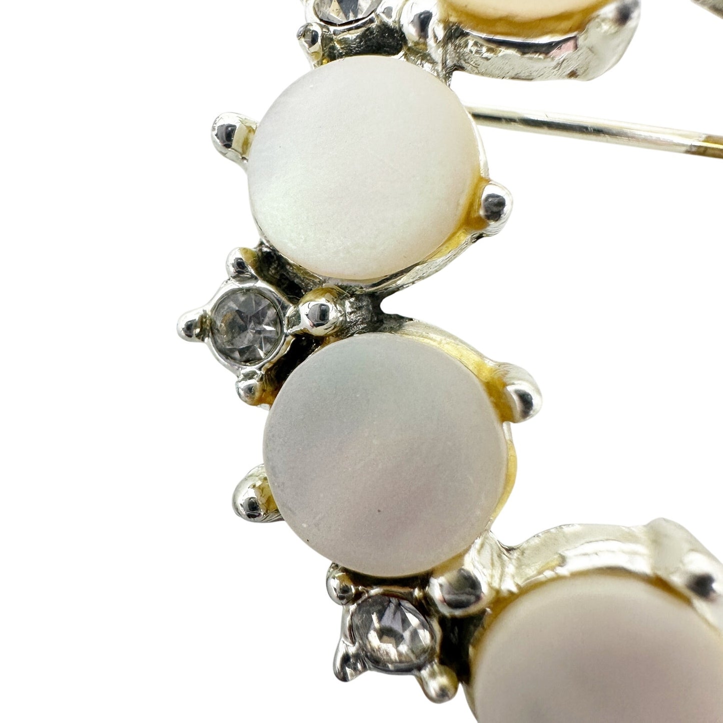 vintage silver pearlescent stones & rhinestones round BROOCH jewelry pin