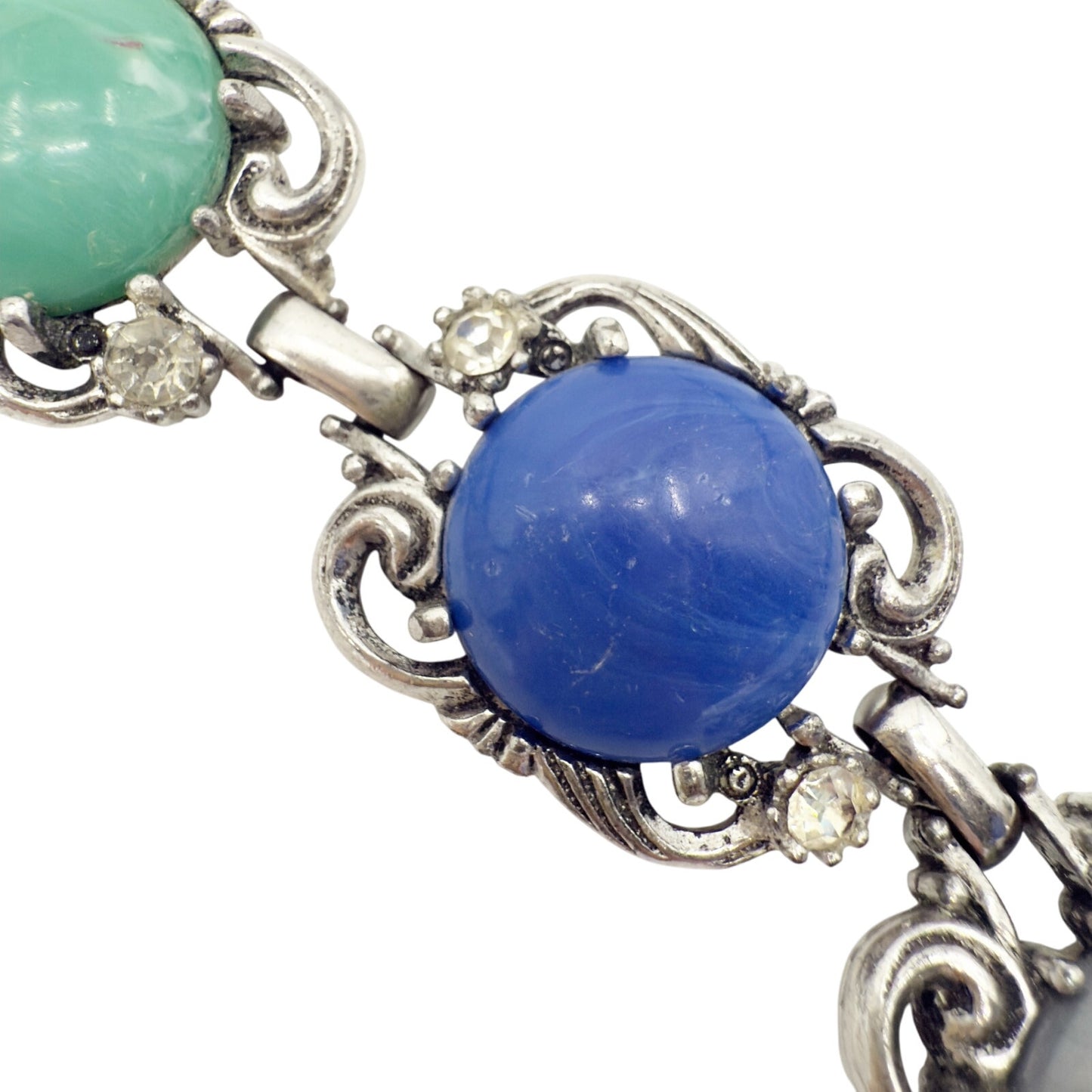 vintage silver tone metal and faux multi-stone Link Bracelet clear rhinestones