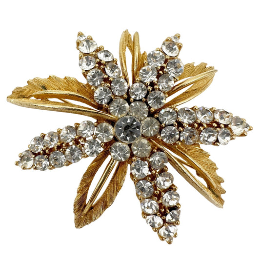 vintage Lisner gold & rhinestones starflower flower BROOCH floral jewelry pin
