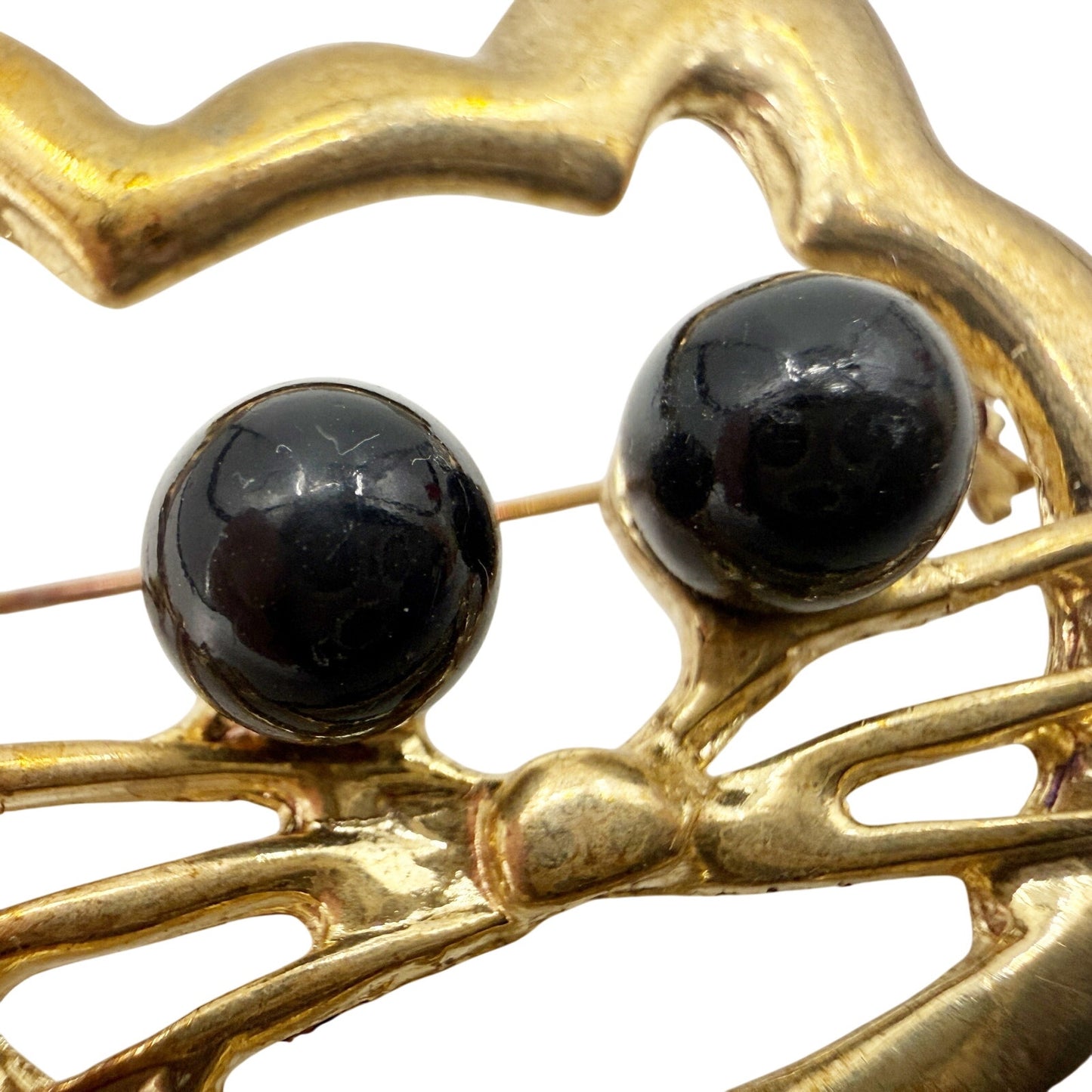 vintage gold & black kitty cat face head BROOCH jewelry pin bow tie bead eyes