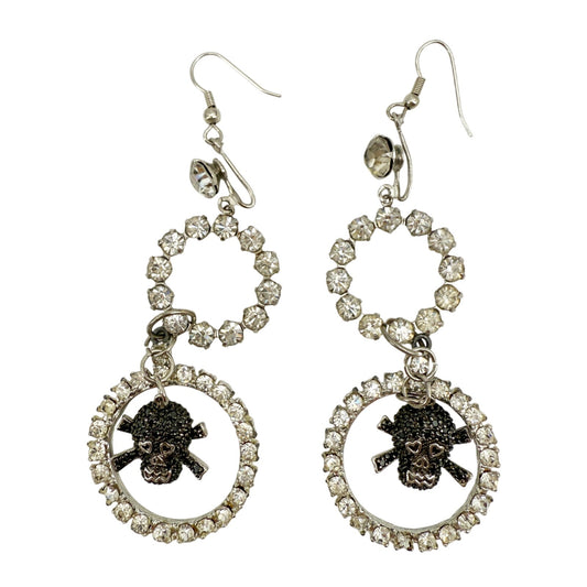handmade clear Rhinestones & black Skull EARRINGS dangling 3.5" long jewelry