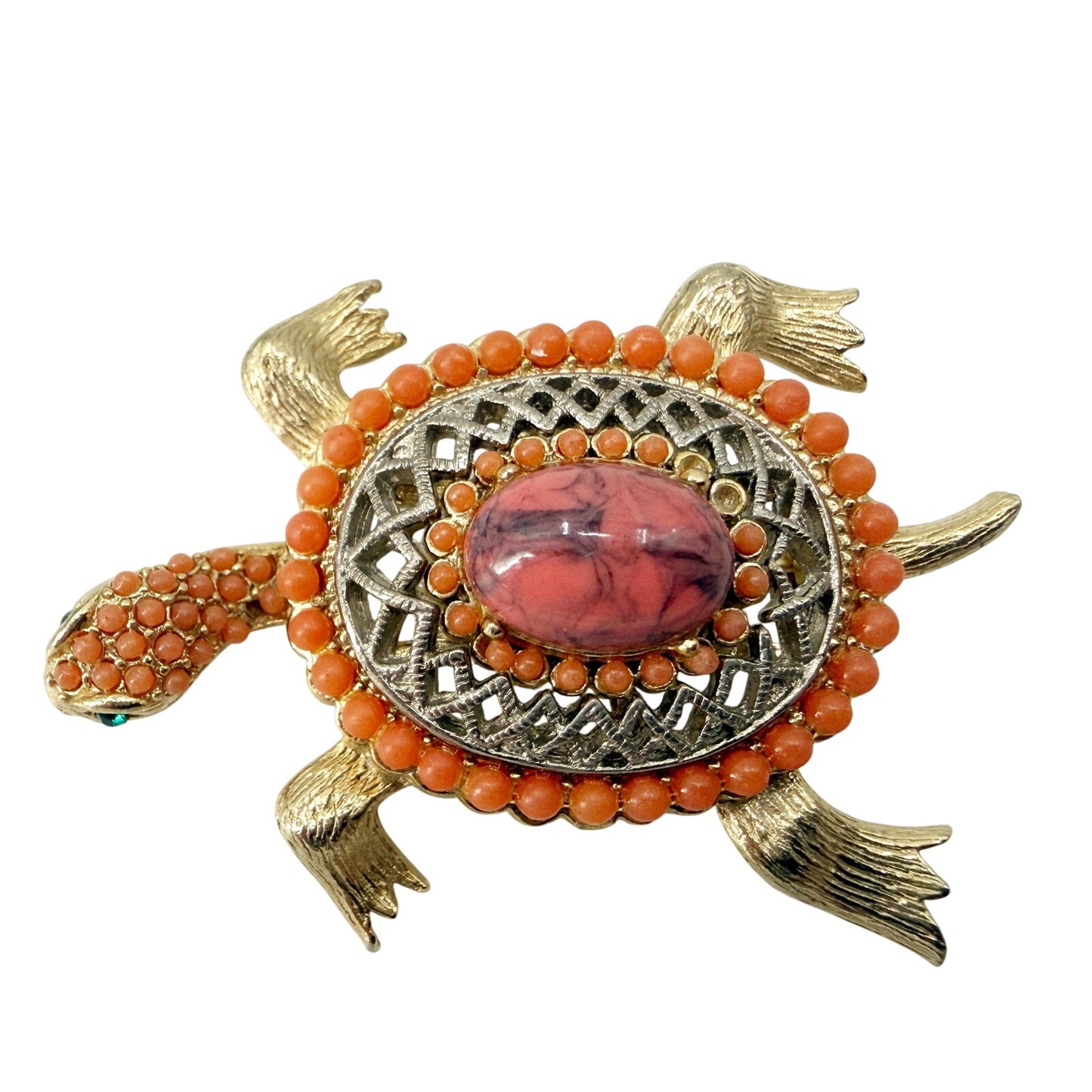 vintage orange gold pink Turtle BROOCH costume jewelry pin green rhinestone eyes