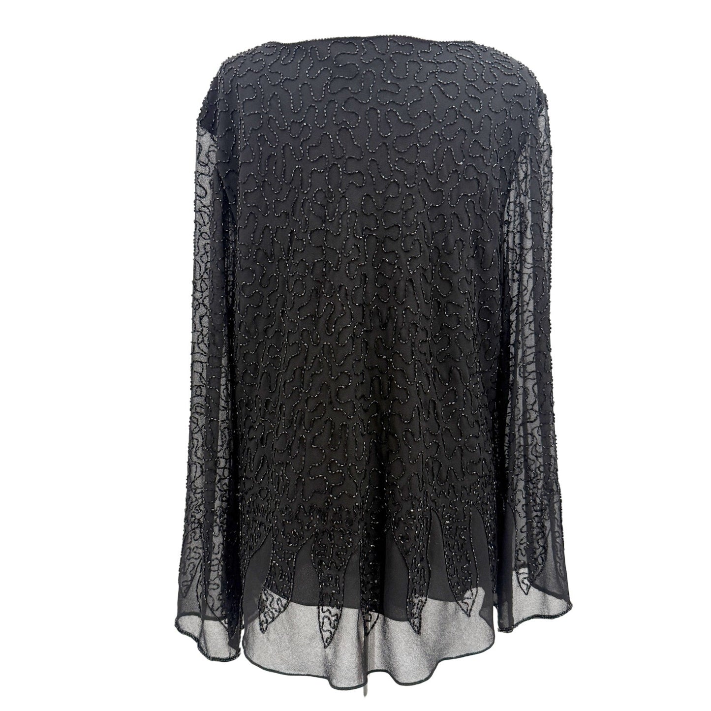 JKARA black Cocktail Beaded Top women's LARGE v-neck blouse sheer bell sleeve