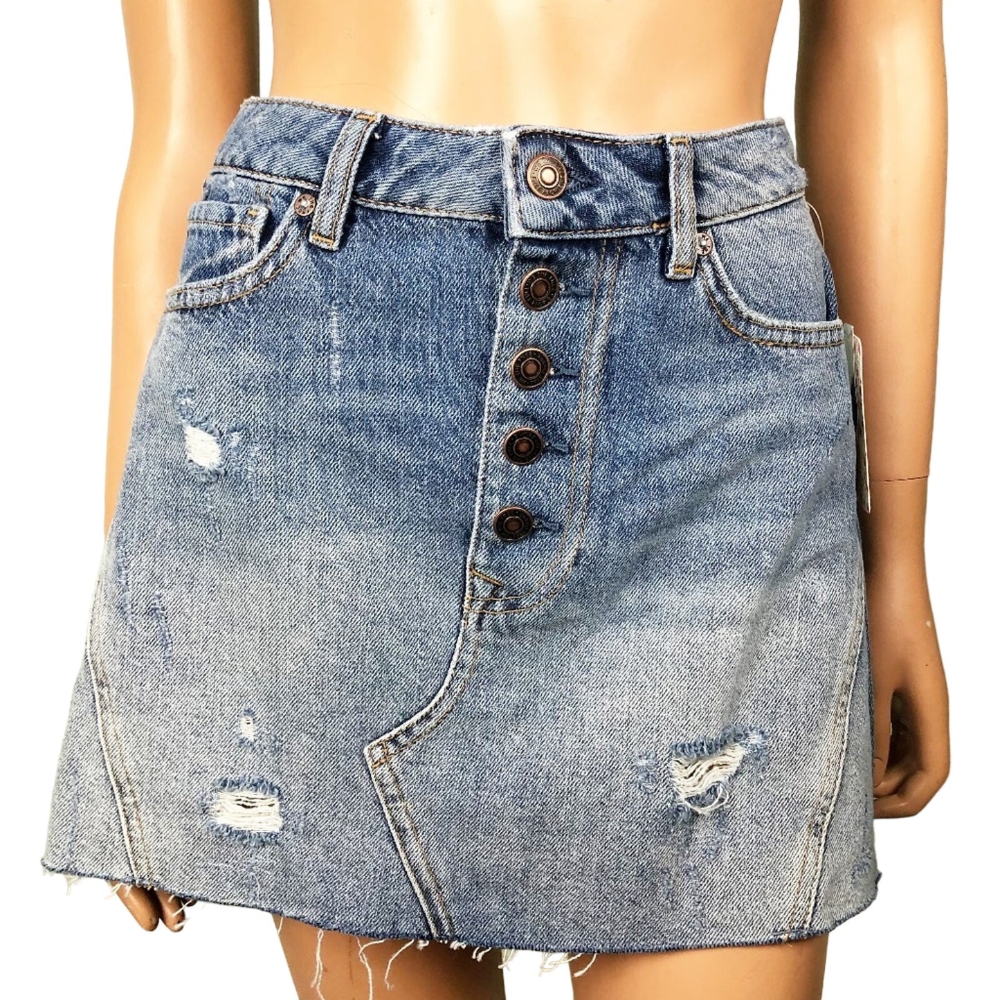 We the Free People blue denim short SKIRT distressed mini size 27 new $60