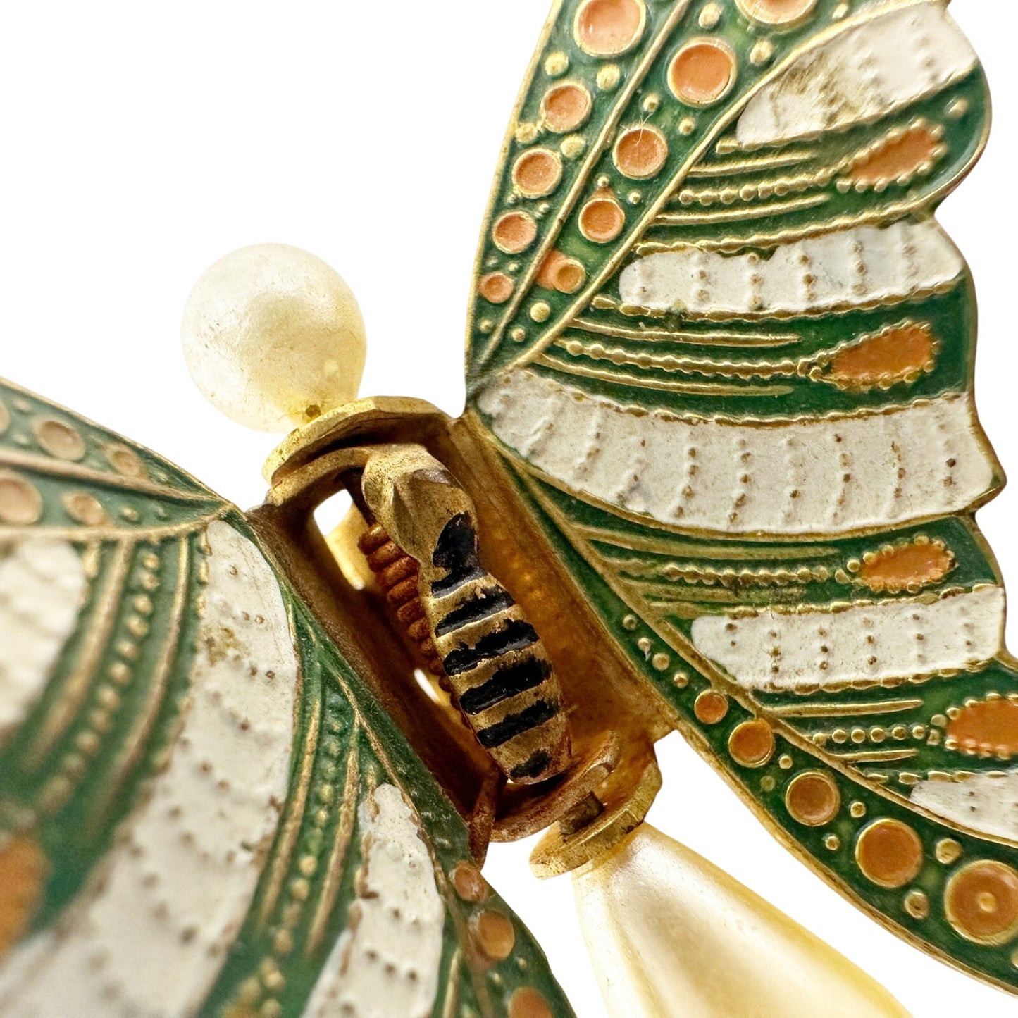 vintage Butterfly Clip green orange gold faux pearls jewelry pin made in SPAIN