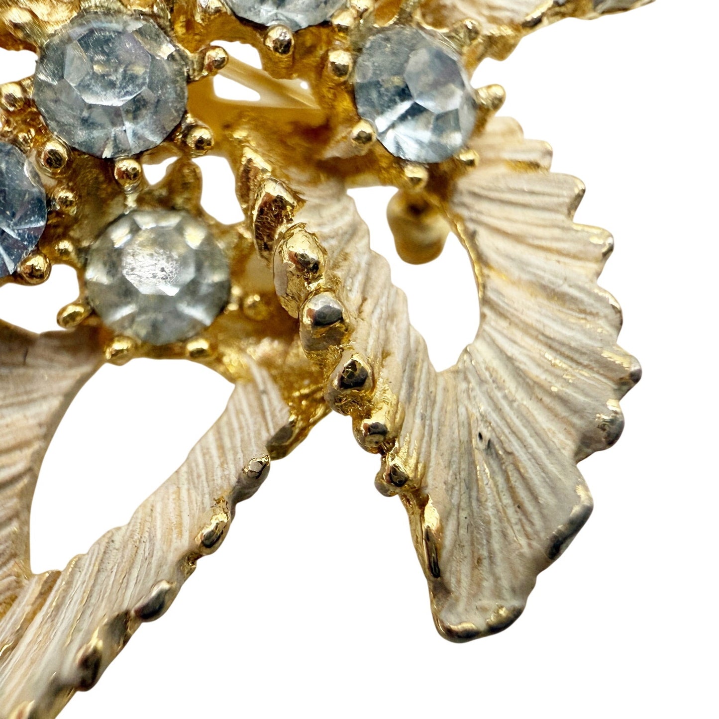vintage gold grayish white baby blue rhinestones Leaf BROOCH floral jewelry pin
