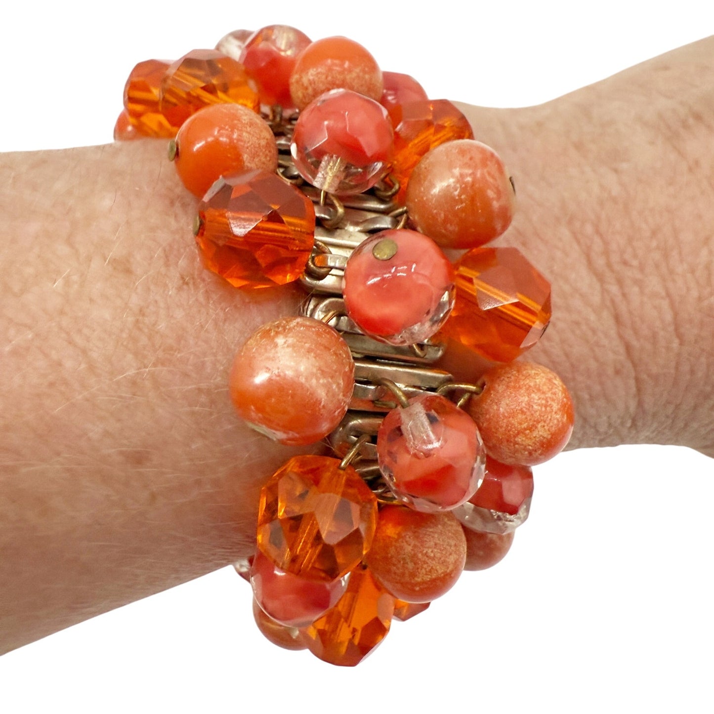 orange beaded stretch BRACELET gold tone metal vintage costume jewelry
