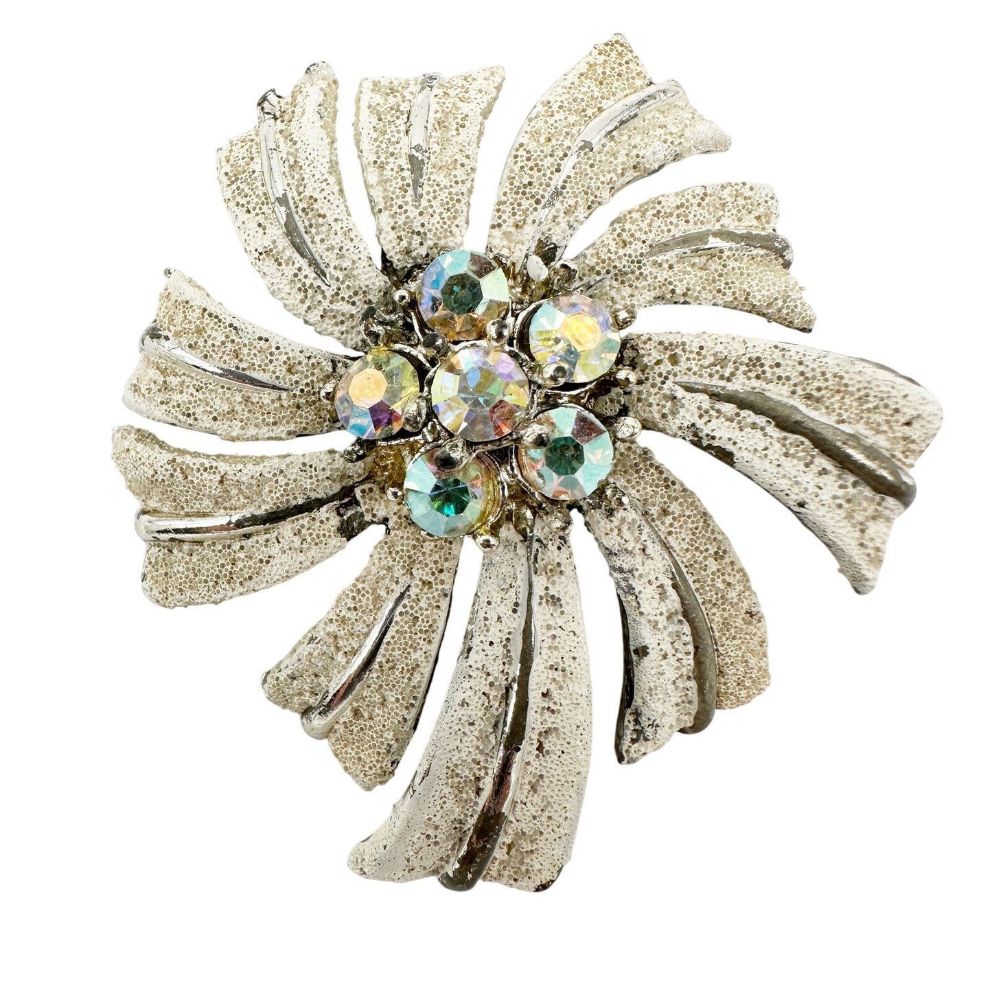 vintage silver & white rhinestones flower BROOCH floral pinwheel jewelry pin