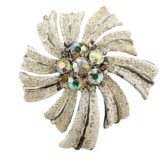 vintage silver & white rhinestones flower BROOCH floral pinwheel jewelry pin