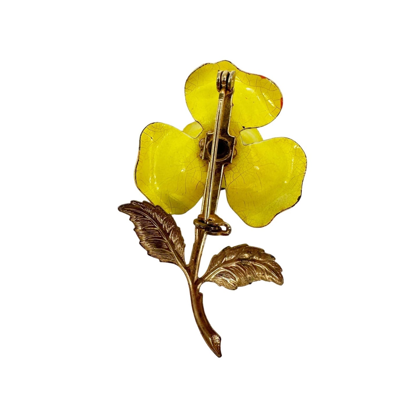 vintage enamel yellow metal flower BROOCH floral jewelry pin stem leaves