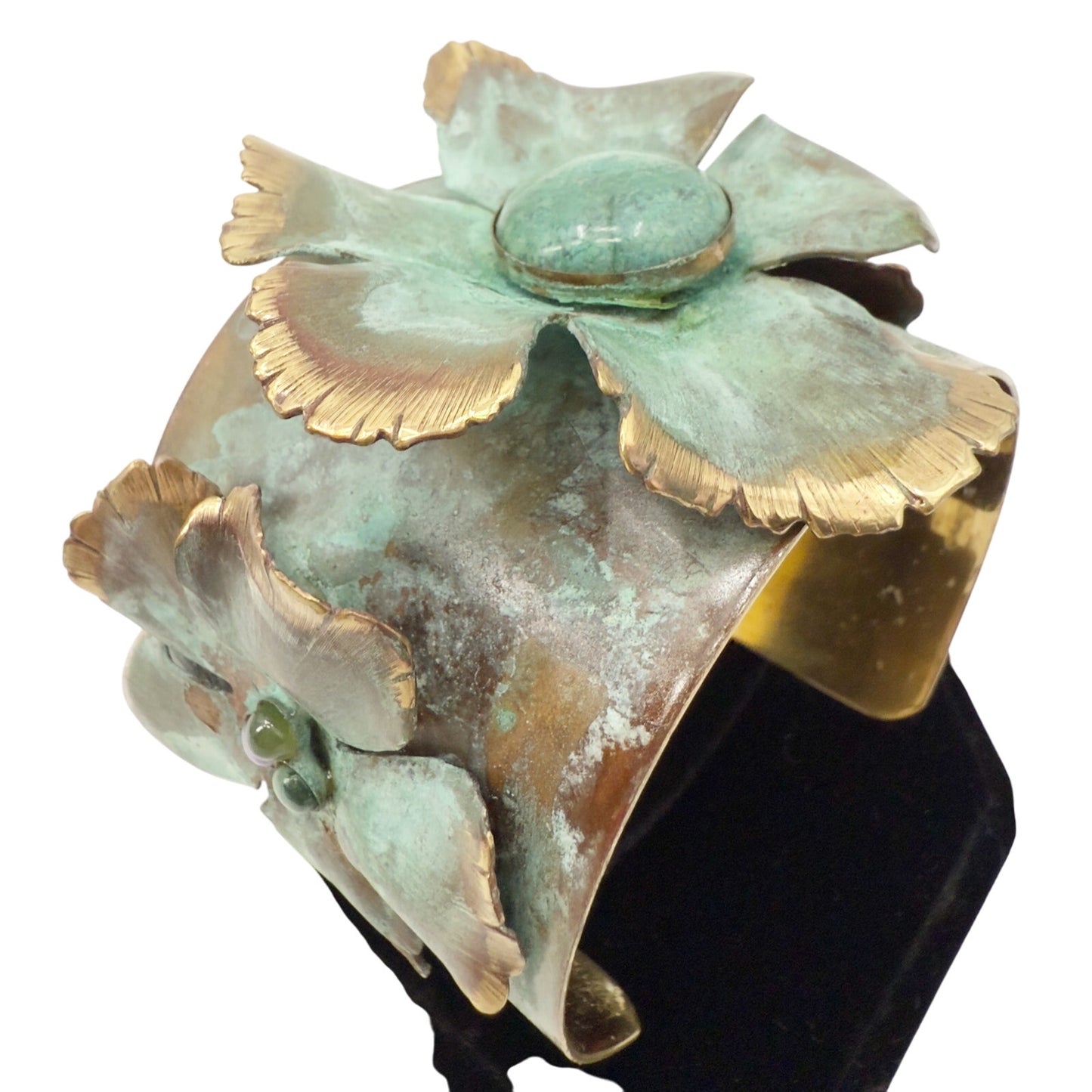 Verdigris Patina solid brass floral wide 2" Cuff Bracelet genuine stones jewelry