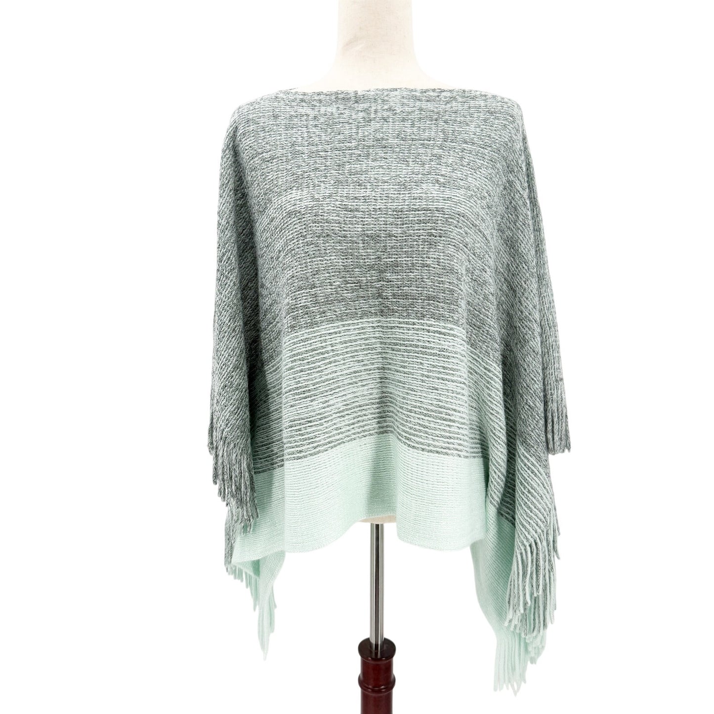 Chico's gray & mint ombre woven Fringed Sweater Poncho women's L large XL soft