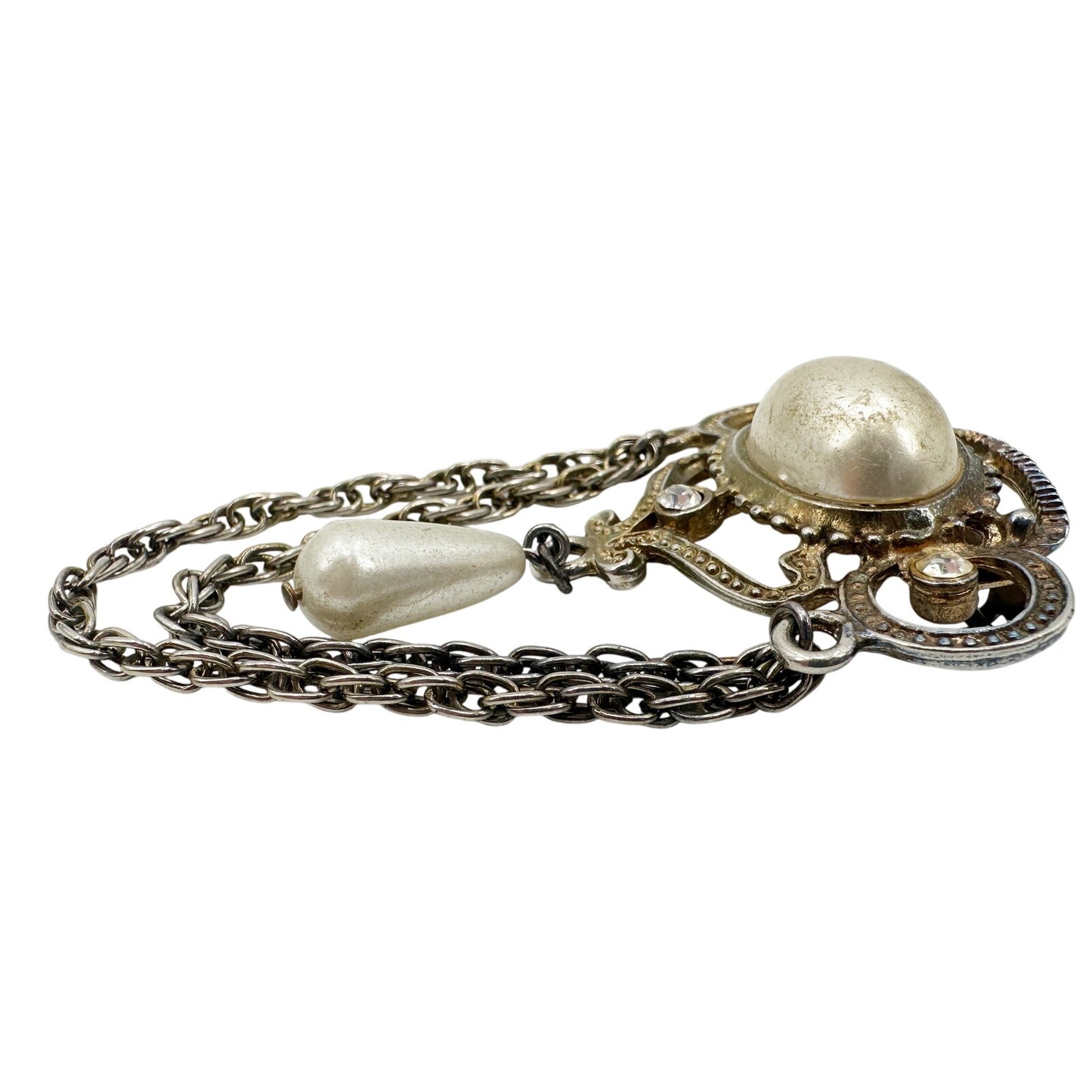 vintage silver metal rhinestones faux pearls BROOCH chain jewelry pin