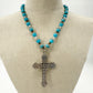 vintage blue beads clear rhinestones Cross Pendant Necklace handmade jewelry