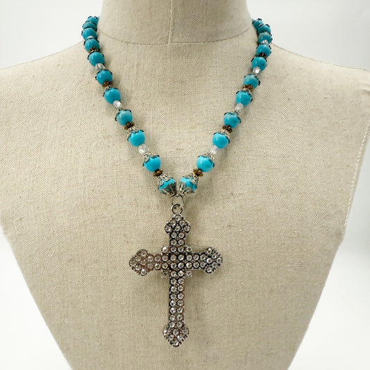 vintage blue beads clear rhinestones Cross Pendant Necklace handmade jewelry