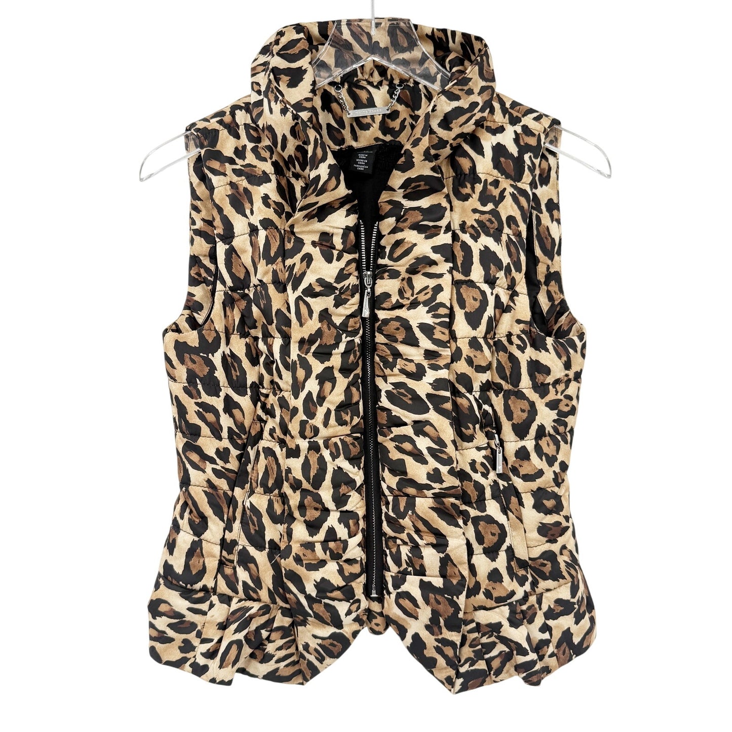 White House Black Market leopard Puffer Vest women's XS rhinestone pulls WHBM