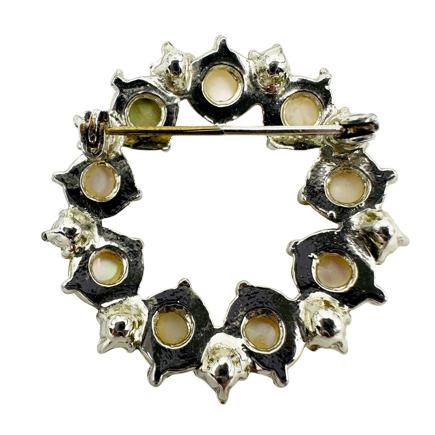 vintage silver pearlescent stones & rhinestones round BROOCH jewelry pin