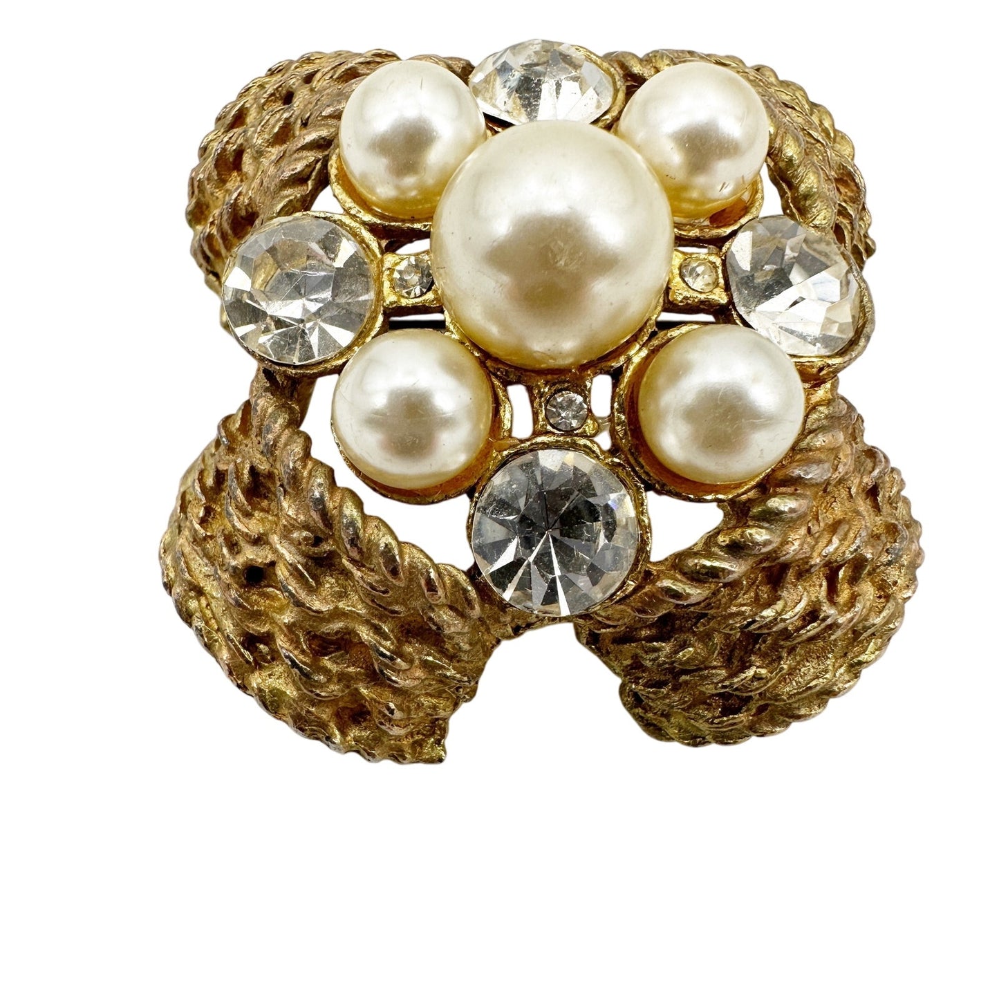 vintage gold faux pearls clear rhinestones BROOCH jewelry pin