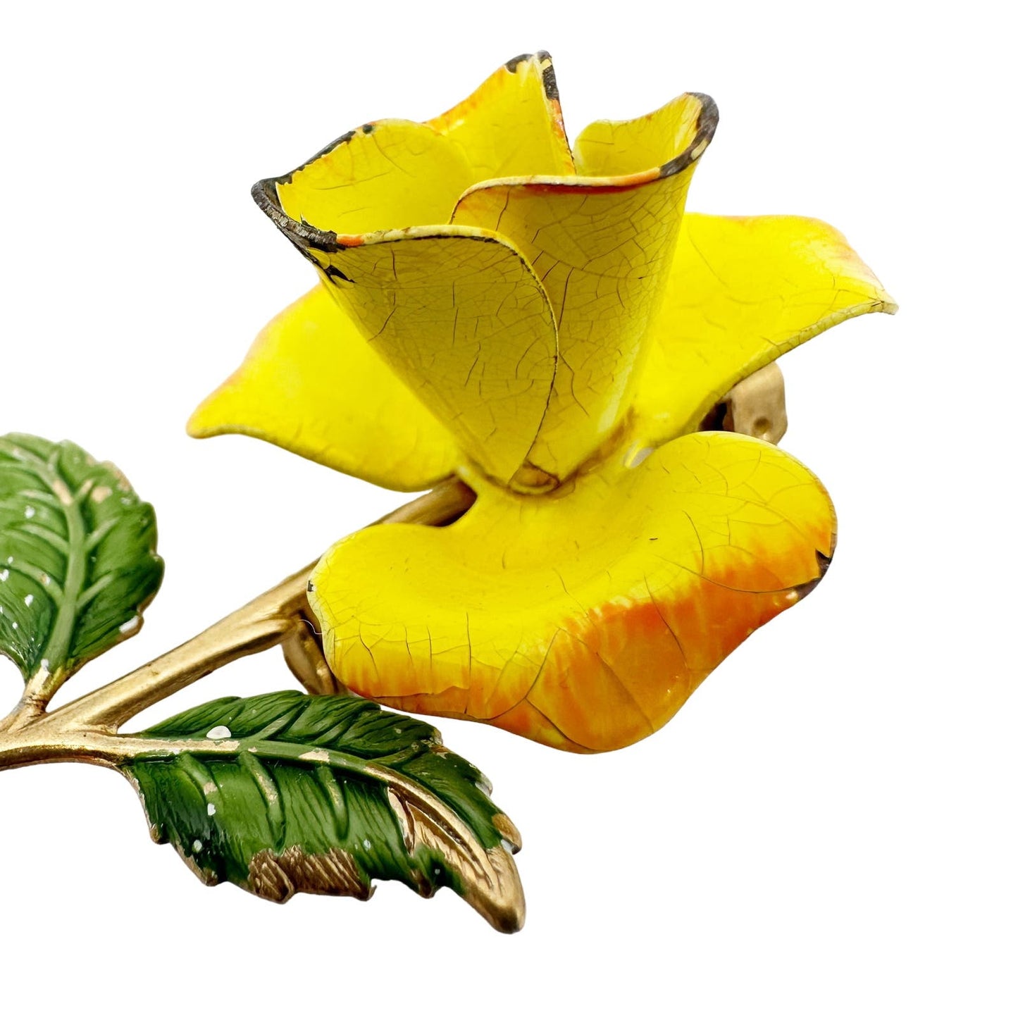 vintage enamel yellow metal flower BROOCH floral jewelry pin stem leaves