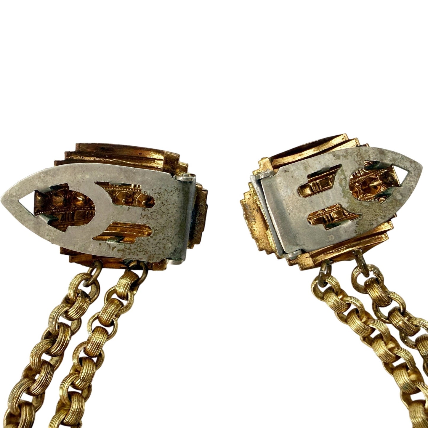 vintage gold clear rhinestones Double Dress Clip drape chain BROOCH jewelry pin