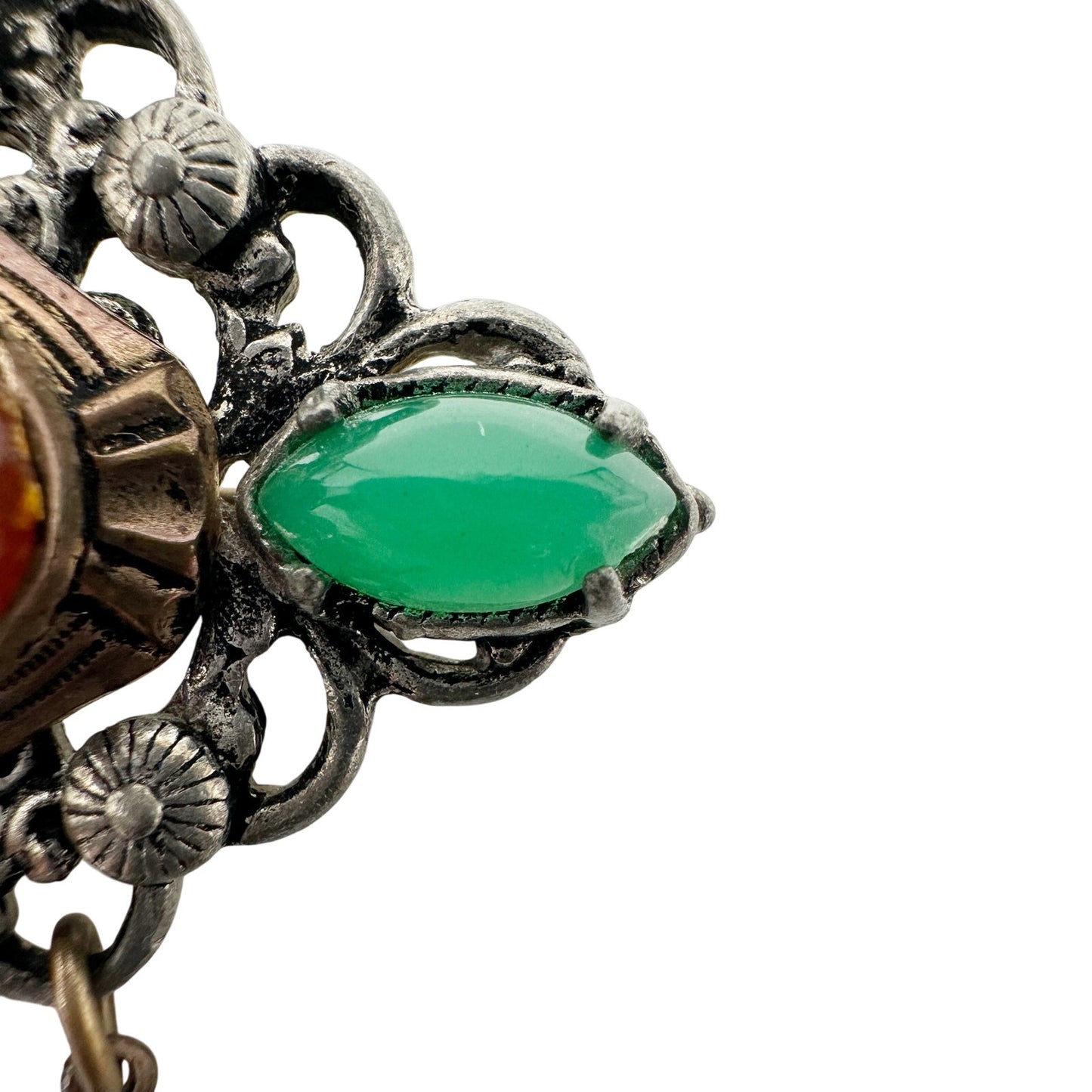 vintage orange green & silver BROOCH jewelry pin